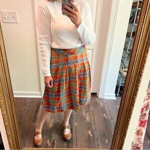 Eddie Bauer pleated cotton full plaid skirt size 8 fully lined orange green
